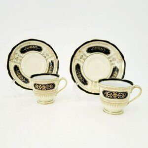 Vintage Noritake Black Gold Demitasse Cup & Saucer, 2 Sets, c1940s Art Nouveau